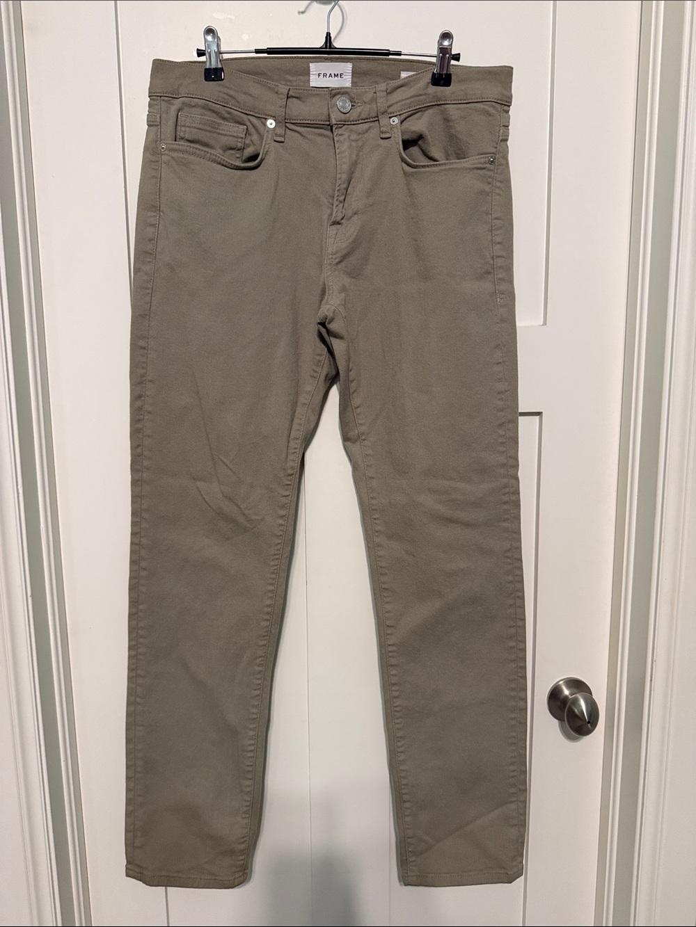 Frame Denim Olive-Tone Slim Straight Leg High Rise L’Homme Slim Chic Denim Jeans